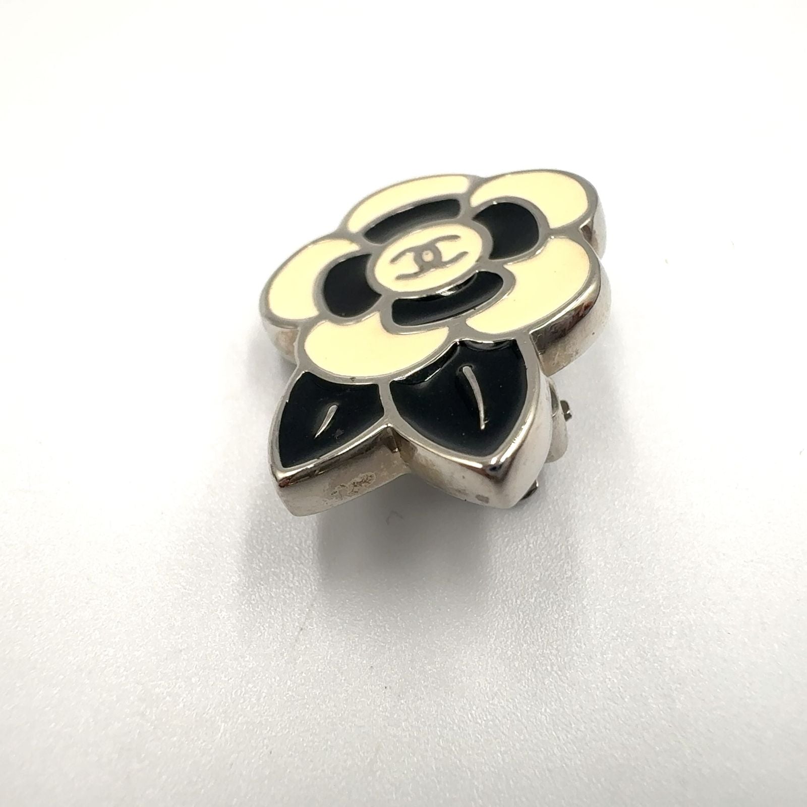 Chanel Camellia CC Logo Metal Silver Black White Earrings — view 8