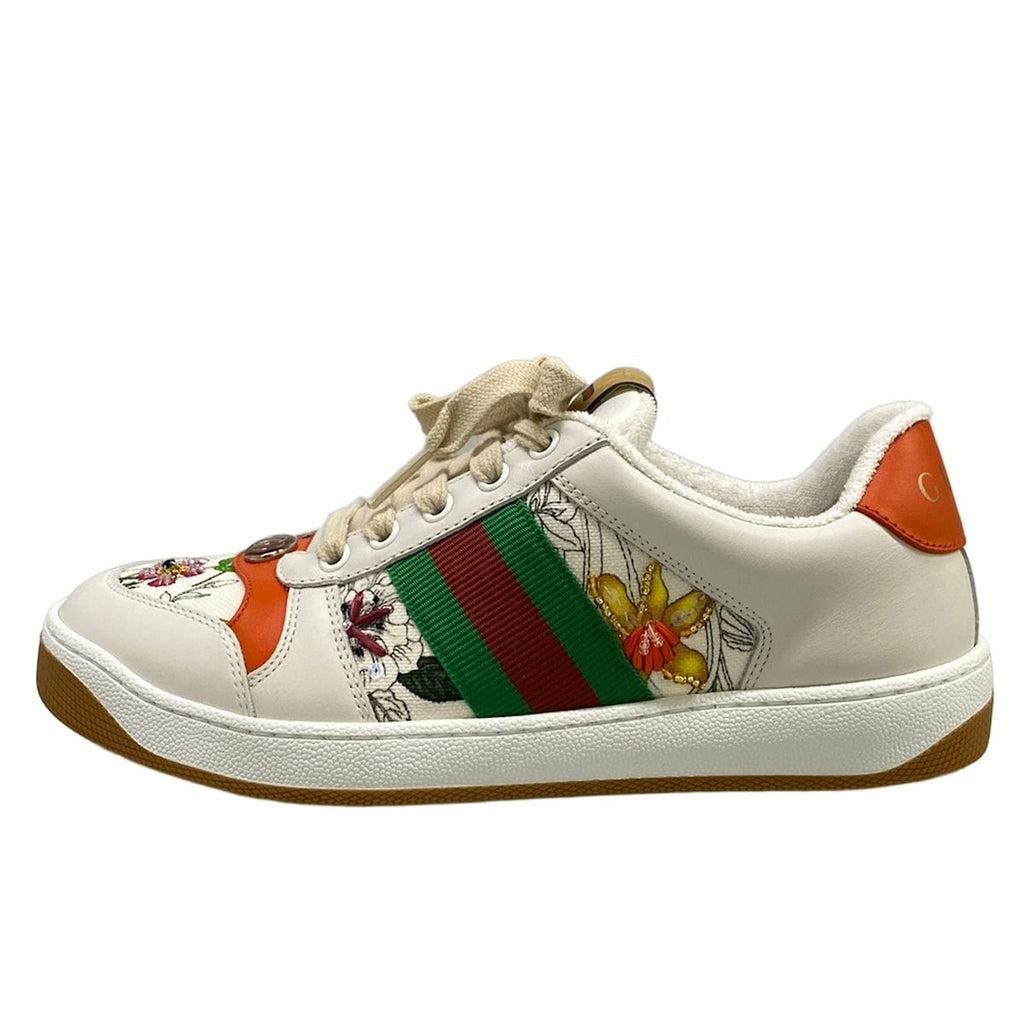 Gucci Sneakers 37.5 Screener White Orange Multi Floral Sequins Beads Leather