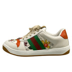 Gucci Sneakers 37.5 Screener White Orange Multi Floral Sequins Beads Leather