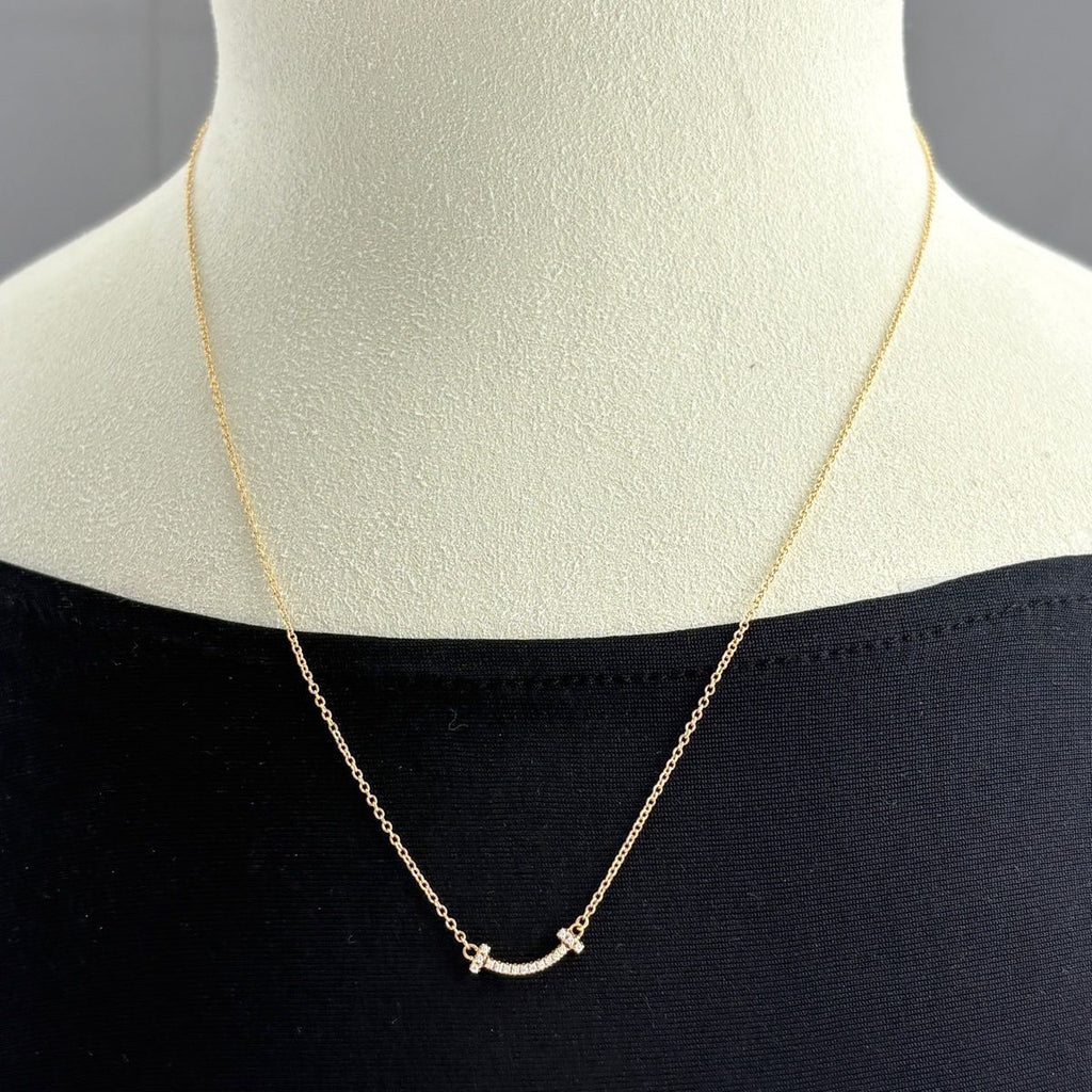 Tiffany & Co T Smile Mini Necklace YG Yellow Gold Pave Diamond — view 3