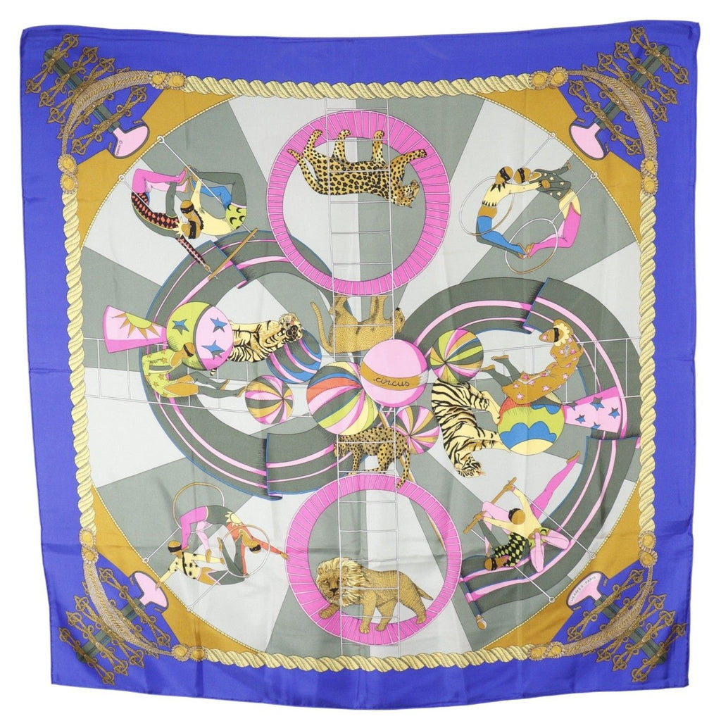 Hermes Carre 90 Circus Silk Blue Scarf