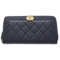 Chanel Boy Caviar Leather Round Zippy Wallet Gold Navy Seal