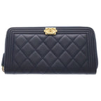 Chanel Boy Caviar Leather Round Zippy Wallet Gold Navy Seal