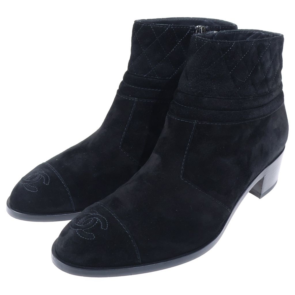Chanel CC Logo Quilted Suede Leather Short Boots Black — view 2