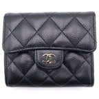 Chanel Classic Small Flap Wallet Trifold Coin Case Black Caviar Leather Gold