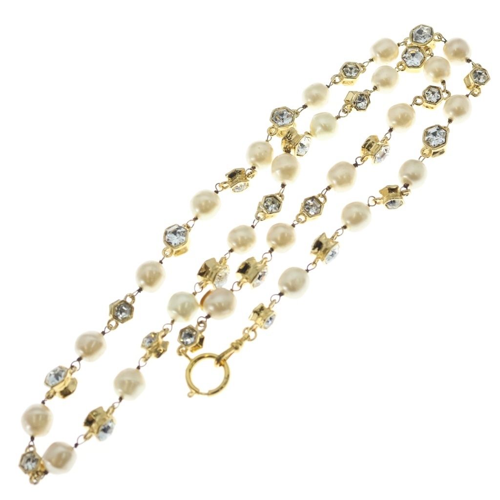 Chanel Long Necklace Rhinestone Faux Pearl Pendant White Gold Plated — view 2