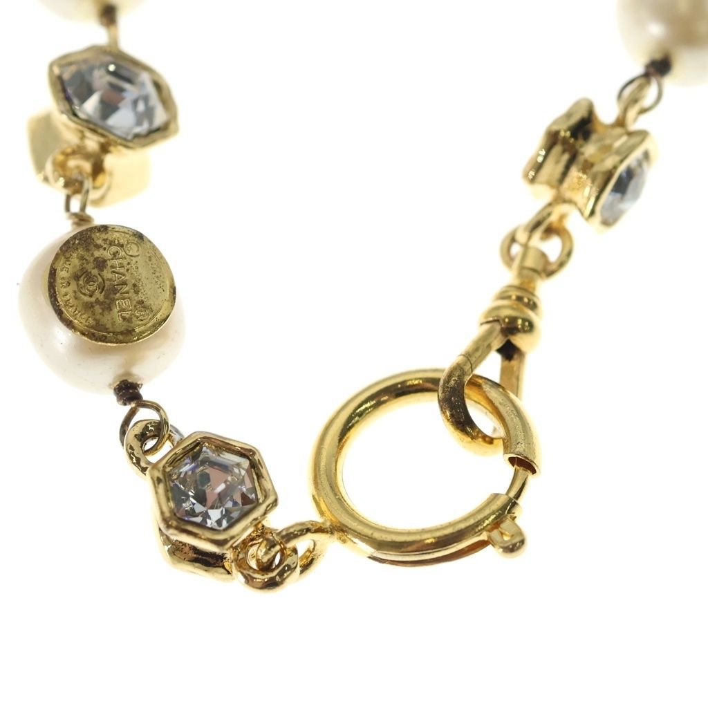 Chanel Long Necklace Rhinestone Faux Pearl Pendant White Gold Plated — view 3