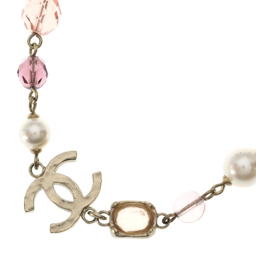 Chanel CC Logo Color Stone Faux Pearl Necklace Pink Gold