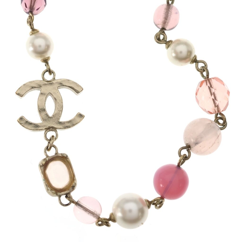 Chanel CC Logo Color Stone Faux Pearl Necklace Pink Gold — view 3