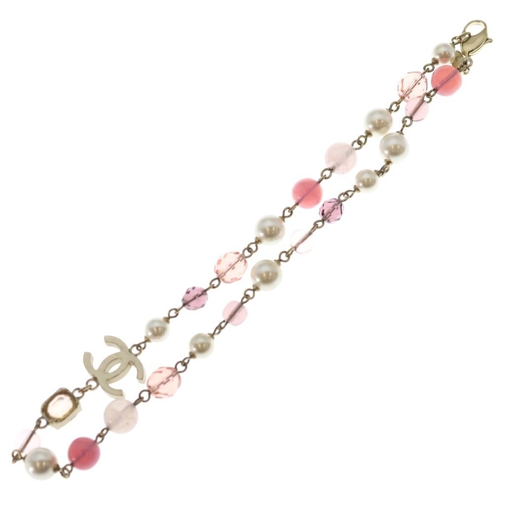 Chanel CC Logo Color Stone Faux Pearl Necklace Pink Gold — view 2