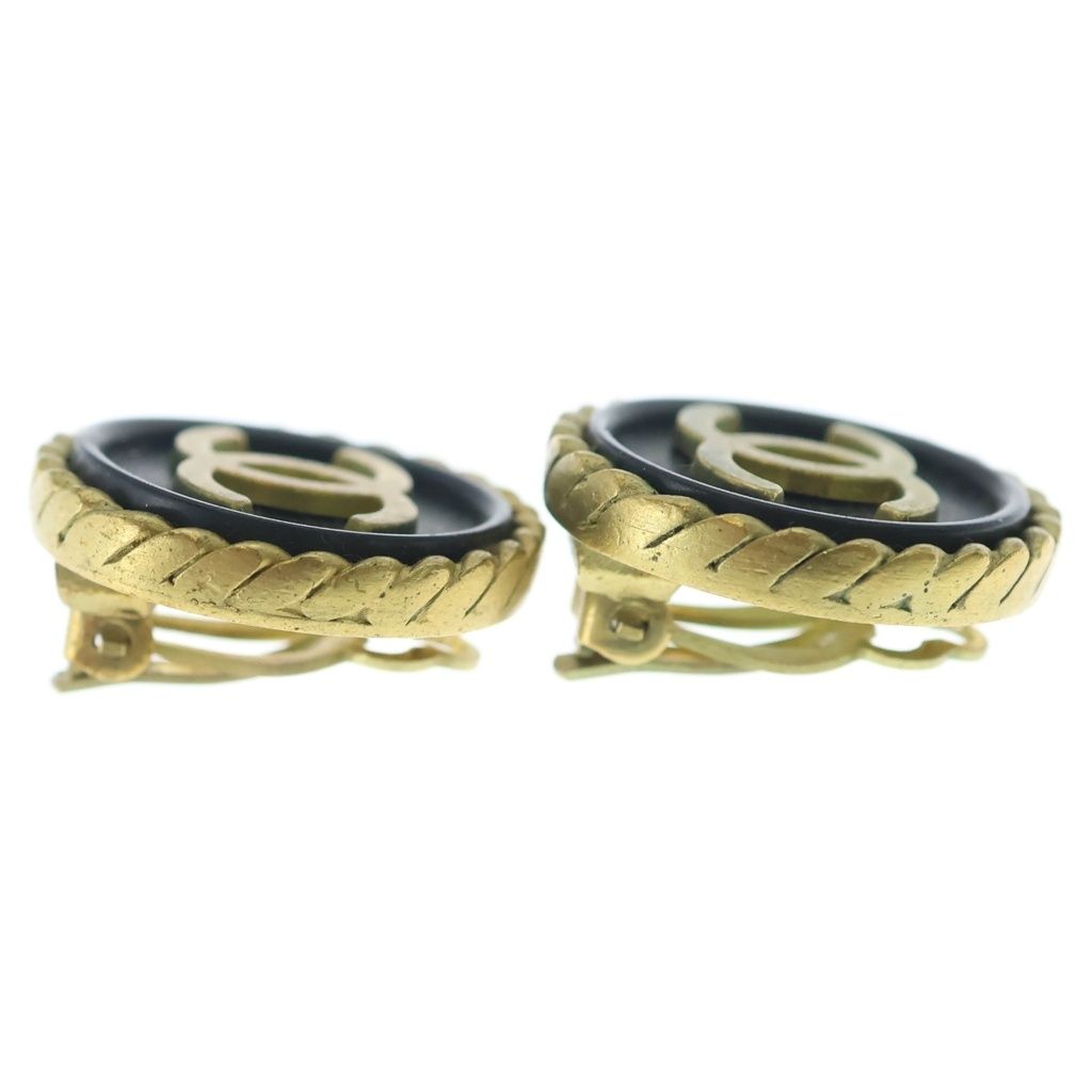 Chanel CC Logo Round Earrings Gold Black — view 3