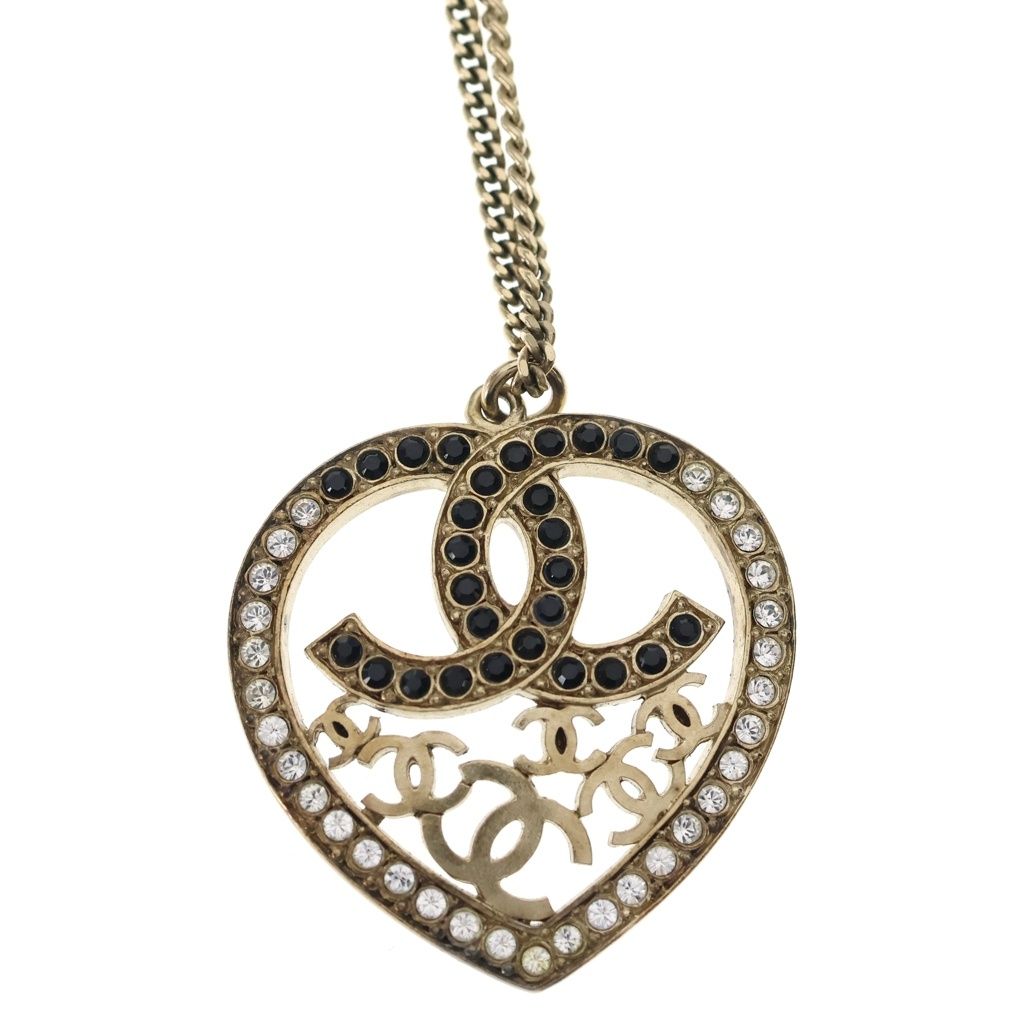 Chanel CC Logo Rhinestone Heart Pendant Chain Gold Black — view 3