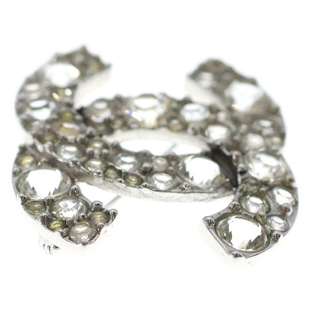 Chanel CC Logo Rhinestone Brooch Pin Badge Silver — view 4