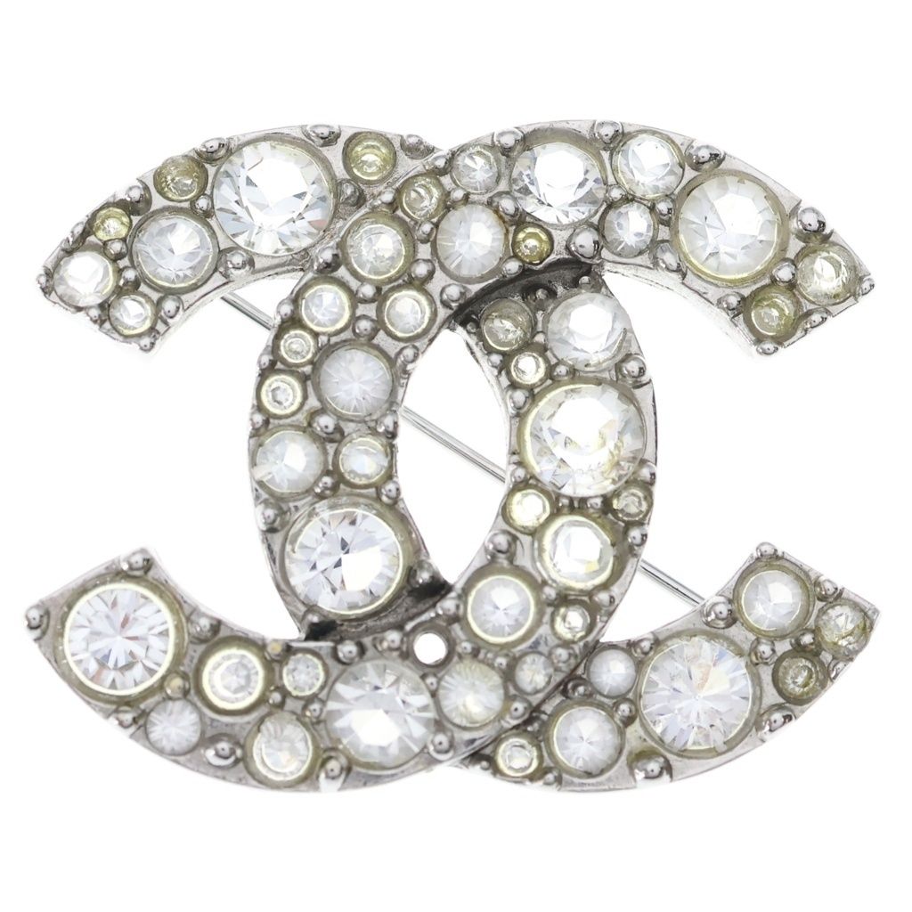 Chanel CC Logo Rhinestone Brooch Pin Badge Silver