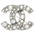 Chanel CC Logo Rhinestone Brooch Pin Badge Silver