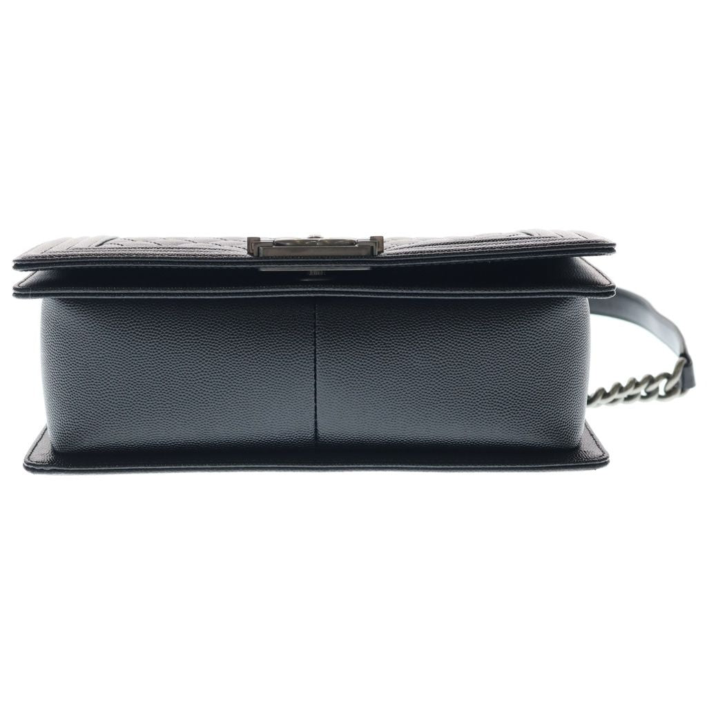 Chanel Boy 25 Caviar Leather Chain Shoulder Bag Silver Black Plate — view 4
