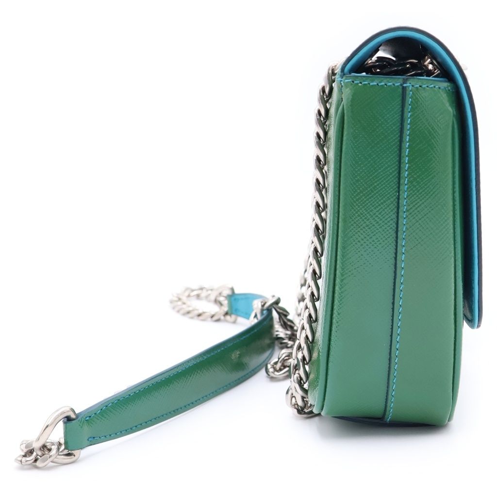 Prada Saffiano Shoulder Bag Chain Green Blue Patent Leather Silver — view 3
