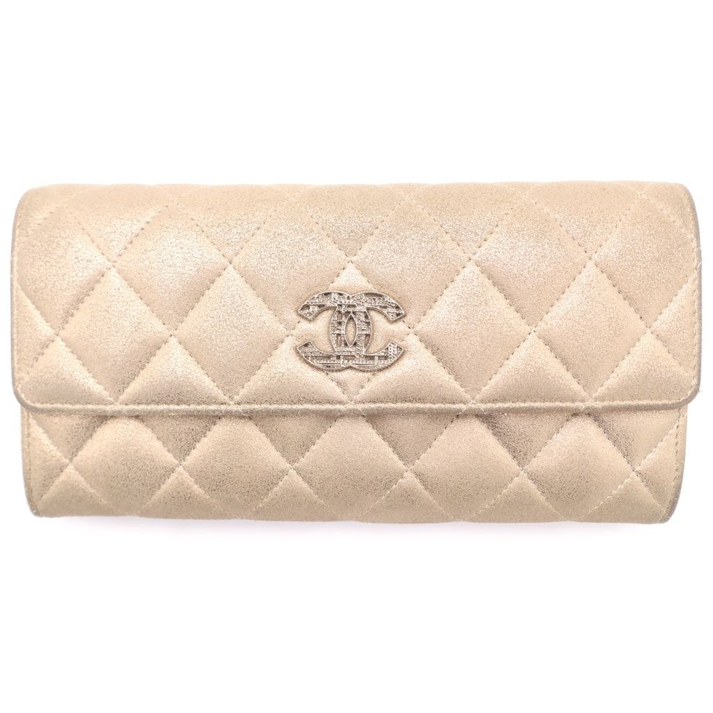 Chanel Quilted Wallet Card Case Goatskin Champagne Gold Silver