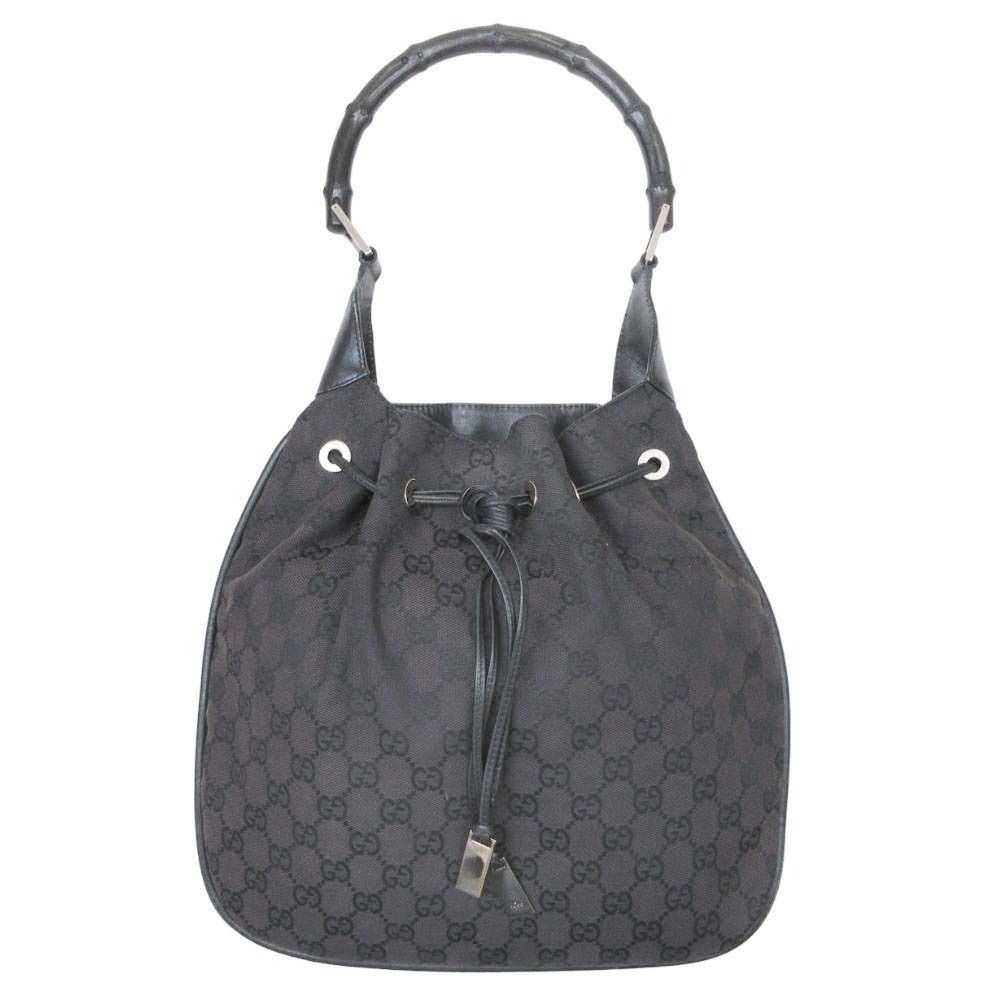 Gucci GG Canvas Bamboo Drawstring Shoulder Bag Dark Brown Black