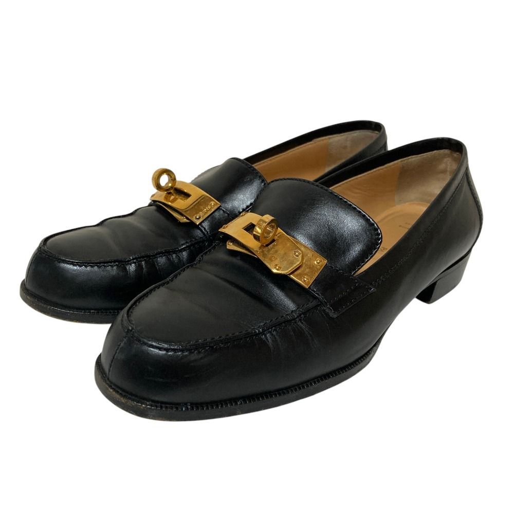 Hermes Box Calf Kelly Loafers Shoes 35 22.5 cm Black