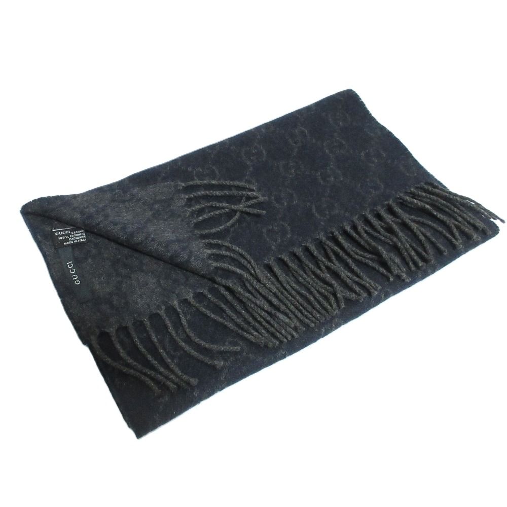 Gucci GG Pattern Cashmere Fringe Scarf Navy