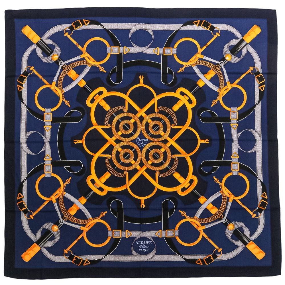 Hermes Eperon D'or Yellow Gold Spur Carre 140 Cashier Geant Large Scarf Dark