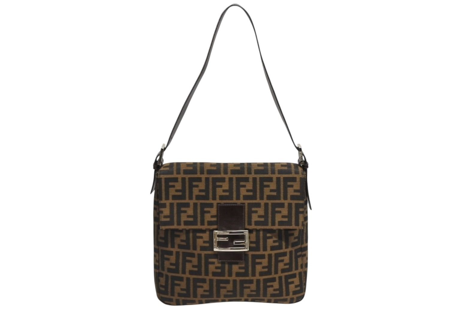 Fendi Mamma Baguette Bag Zucca Pattern Canvas Leather Brown Silver