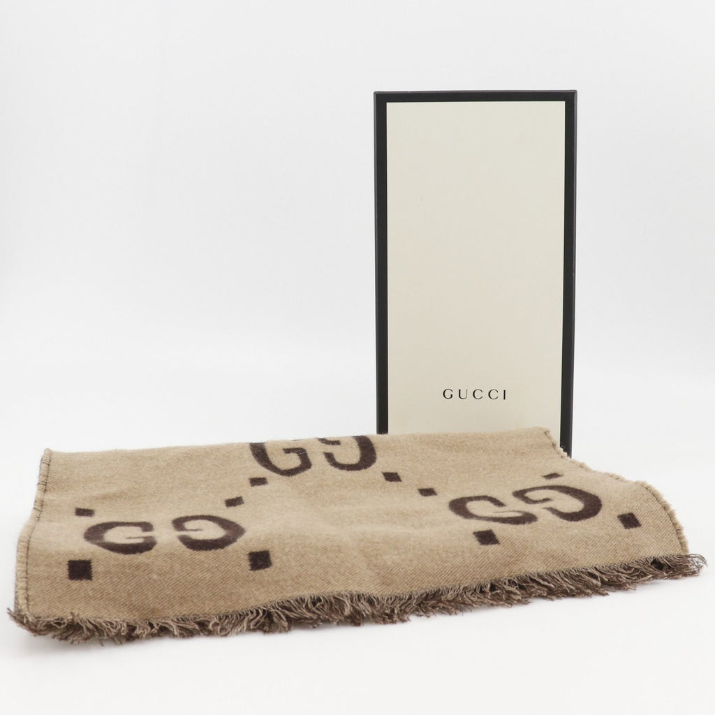 Gucci GG Jacquard Wool Silk Beige Scarf — view 8