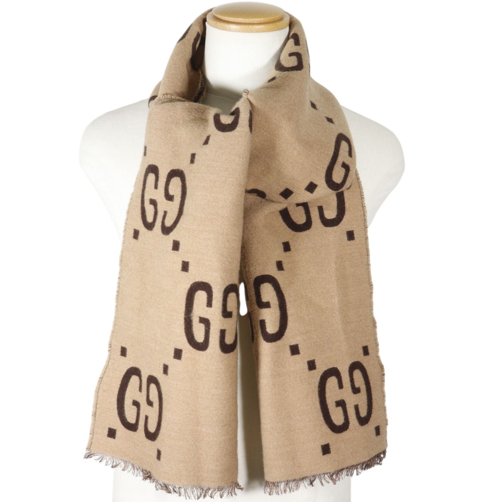 Gucci GG Jacquard Wool Silk Beige Scarf — view 2