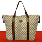 Gucci Vintage Sherry Line GG Logo Leather Tote Boston Bag Brown