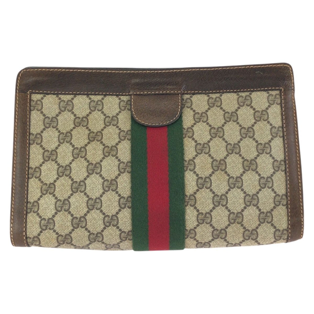 Gucci Vintage Sherry Line Beige Brown GG Supreme Canvas Clutch