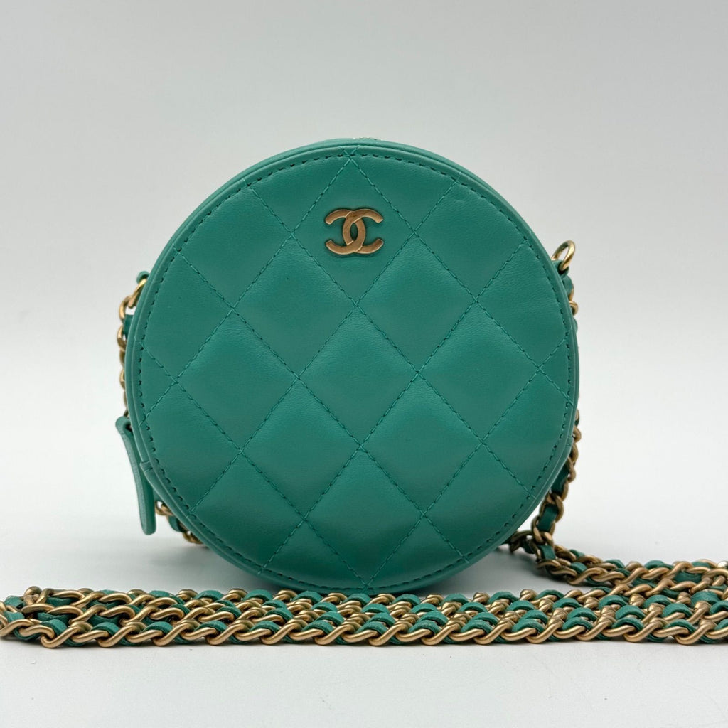 Chanel Shoulder Bag Round Quilted CC Logo Gold Lambskin Leather Green Chain