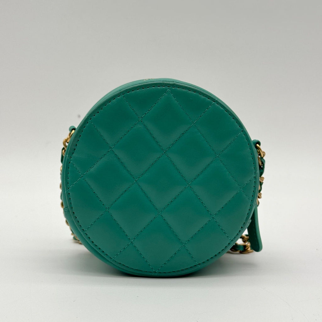 Chanel Shoulder Bag Round Quilted CC Logo Gold Lambskin Leather Green Chain — view 2