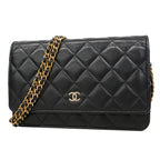 Chanel Shoulder Wallet Quilted Caviar Leather Black Gold