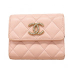 Chanel Trifold Wallet Quilted Caviar Leather Pink Champagne Gold