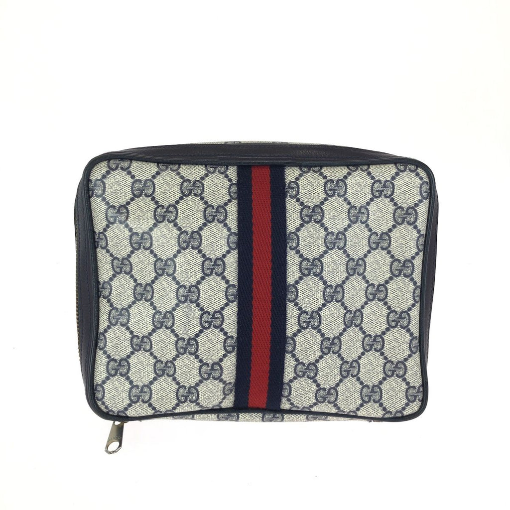 Gucci Sherry Line Gray Black Gold GG Supreme Canvas Leather 38 Pouch Case