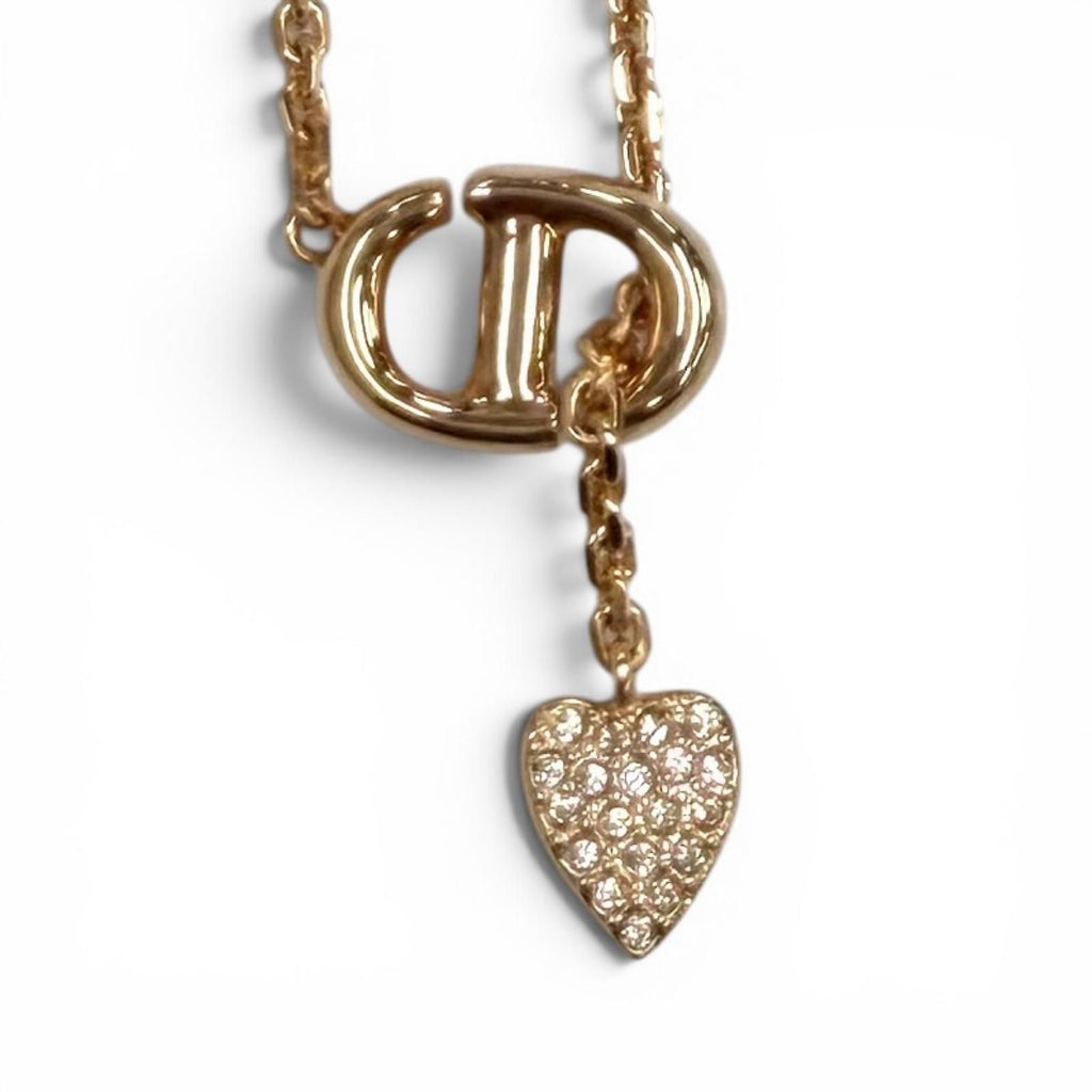 Dior CD Navy Rhinestone Heart Necklace Pink Gold