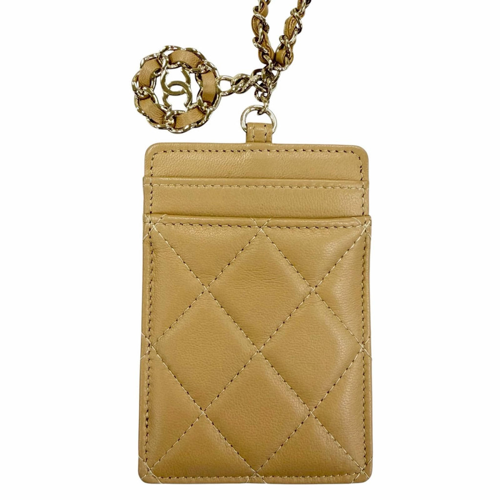 Chanel Lambskin CC Logo Quilted Chain Shoulder Card Case Beige Gold