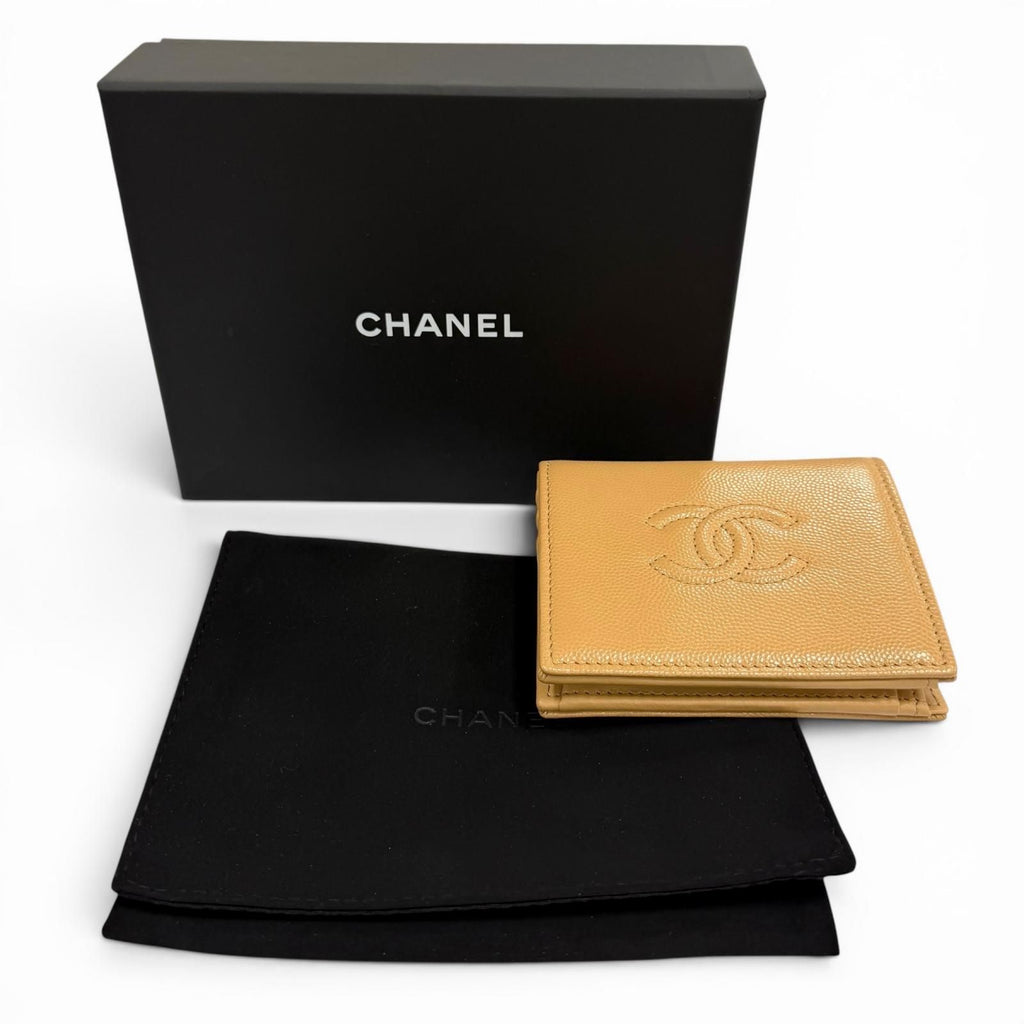 Chanel Caviar Leather Small Flap Wallet CC Logo Bifold Beige — view 2