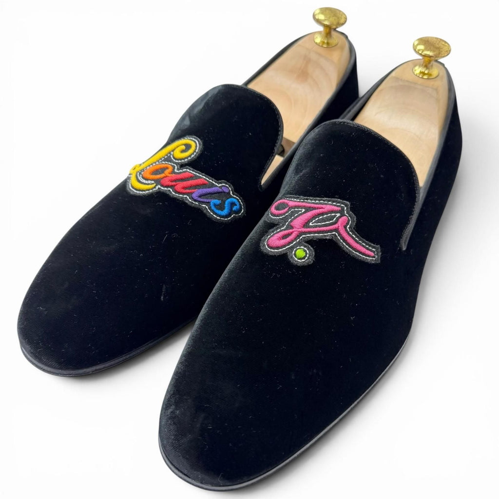 Louis Vuitton Velour Leather Logo Embroidery Slip on Moccasins Loafers Flat
