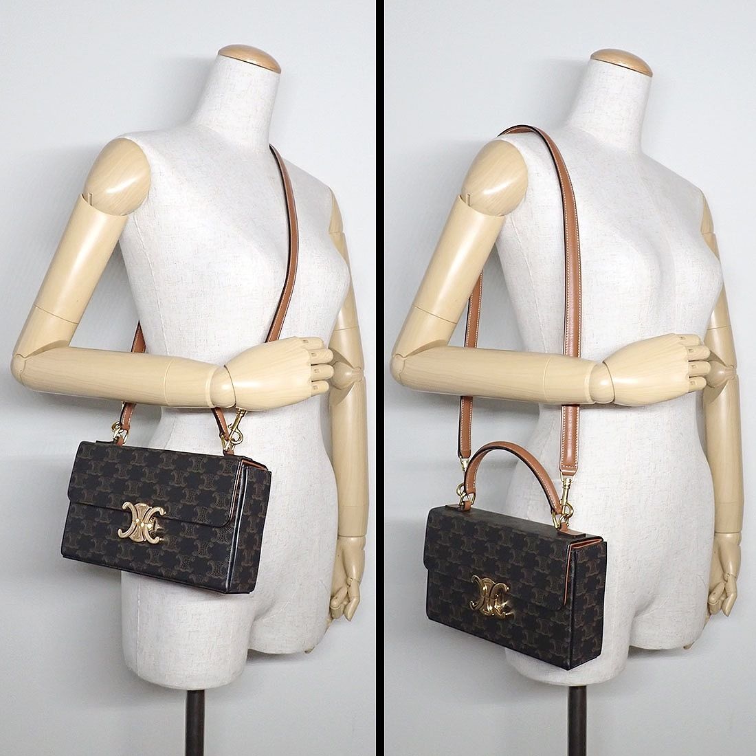 Celine Shoulder Bag Box Tan Triomphe Canvas Calfskin Gold — view 9