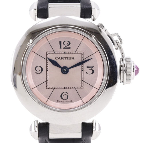 Cartier Mistakepasha Stainless Steel Leather Kuo Analog Display Pink Dial Watch
