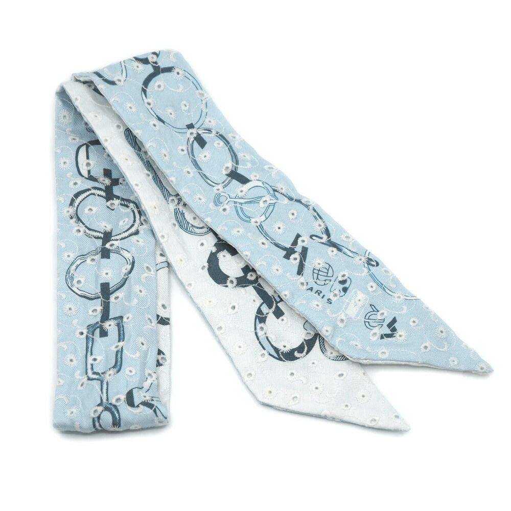 Hermes Dore Book le Broderie Anne Gray Blue White Twill Scarf — view 2