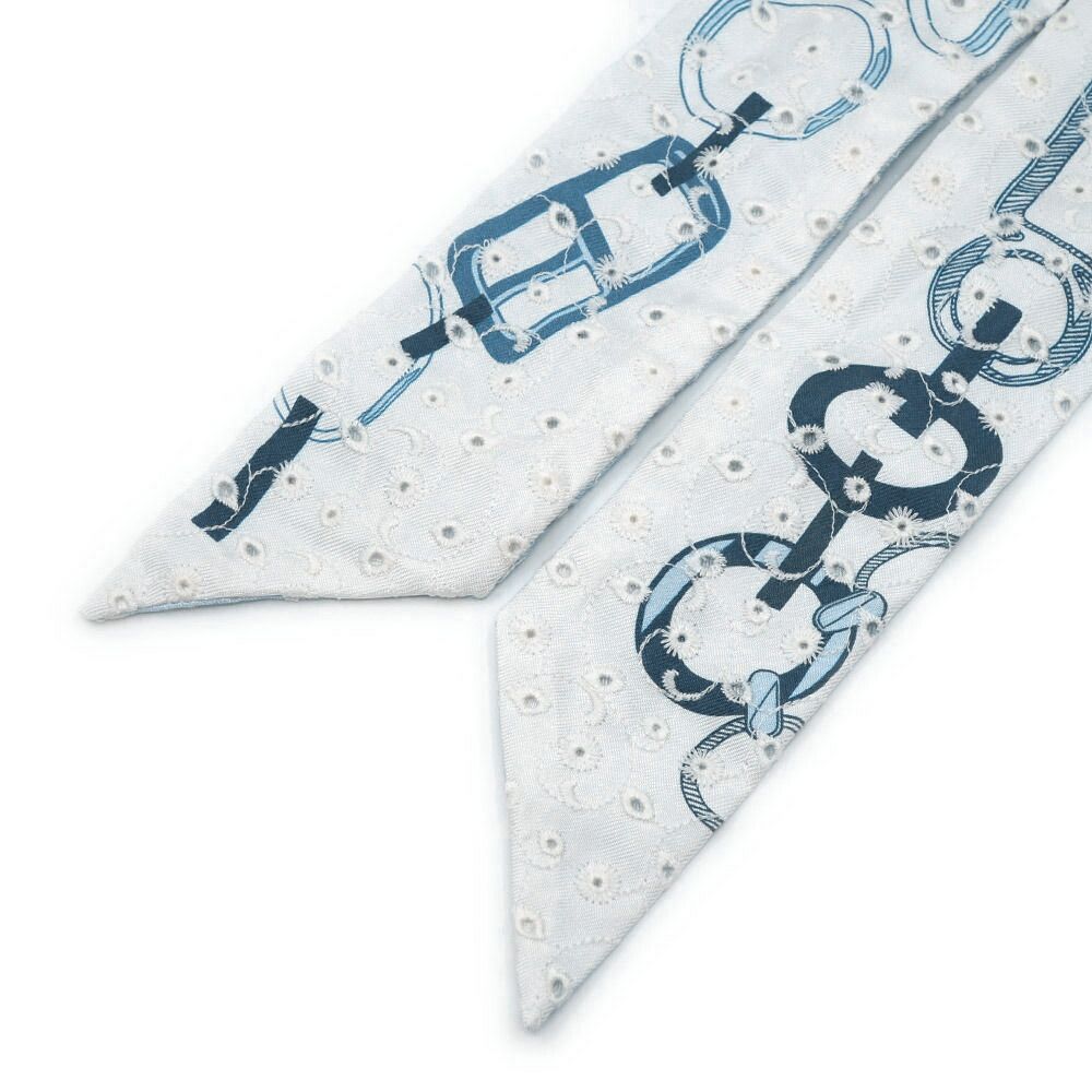 Hermes Dore Book le Broderie Anne Gray Blue White Twill Scarf — view 6