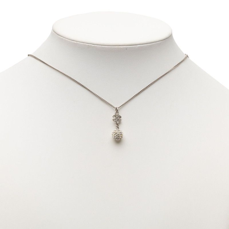 Chanel CC Logo Rhinestone Ball Motif Necklace Silver Metal — view 5