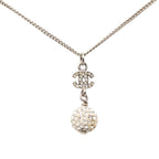 Chanel CC Logo Rhinestone Ball Motif Necklace Silver Metal