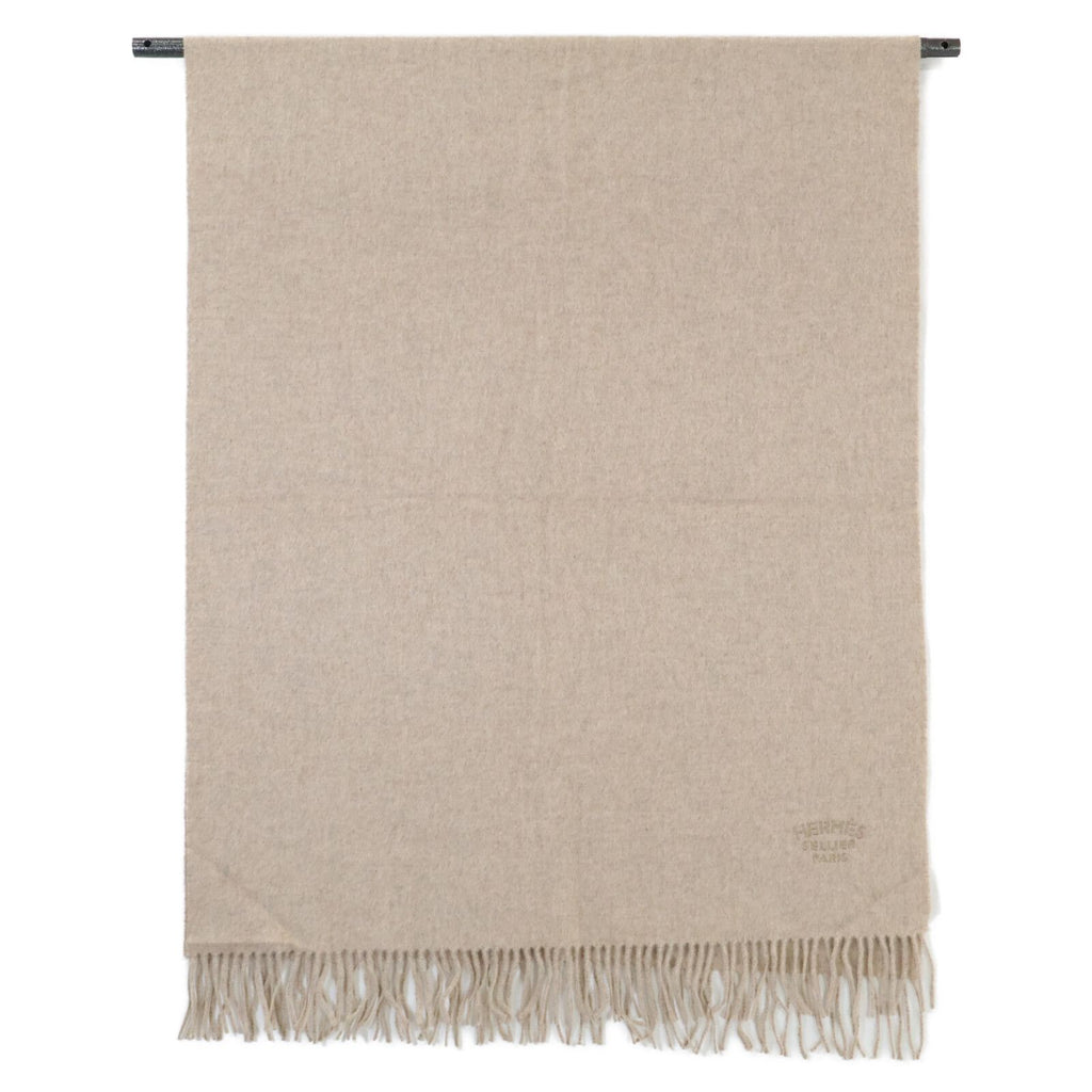 Hermes Logo Embroidery Cashmere Fringe Scarf — view 2