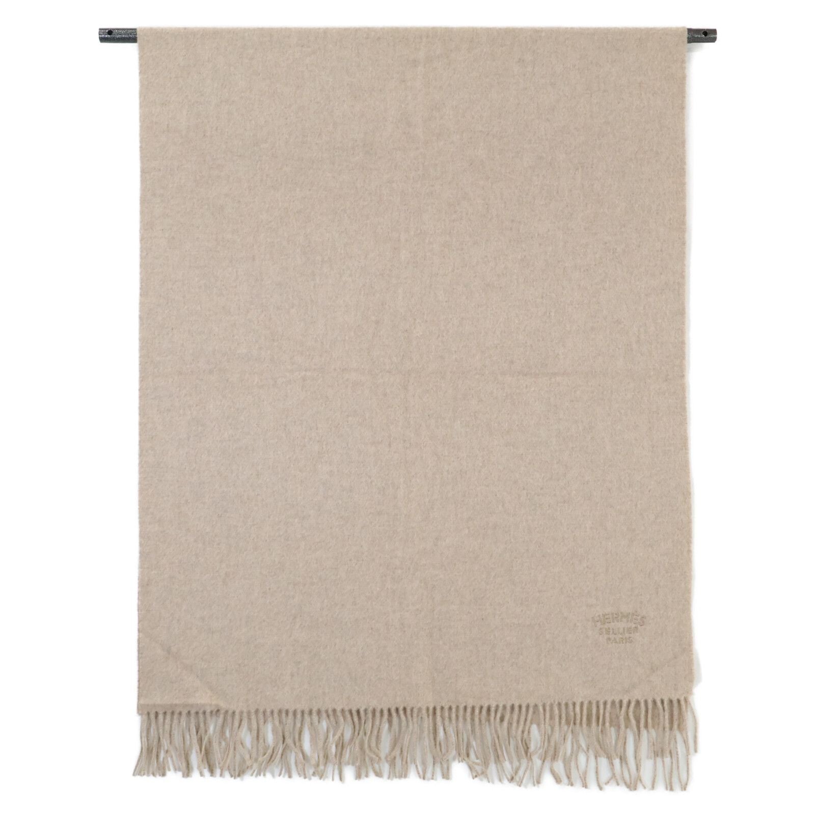 Hermes Logo Embroidery Cashmere Fringe Scarf — view 2
