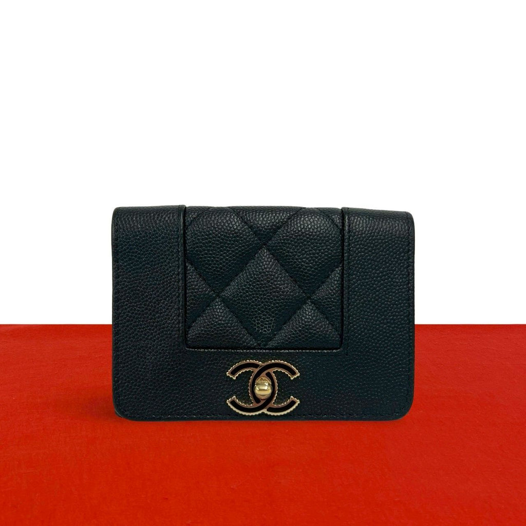 Chanel Mademoiselle CC Logo Caviar Leather Trifold Wallet Mini Black