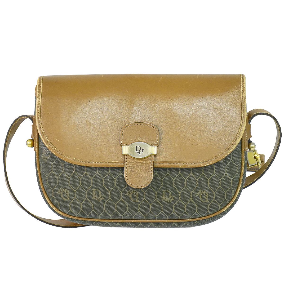 Dior Honeycomb Pattern Shoulder Bag Pochette Leather Dark Brown